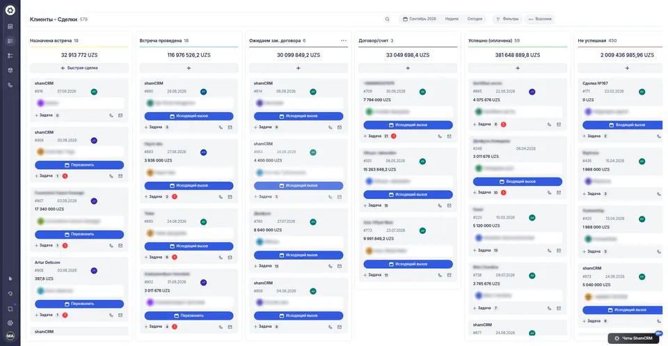Канбан сделок в shamCRM: этапы воронки, карточки клиентов, суммы и ответственные менеджеры
